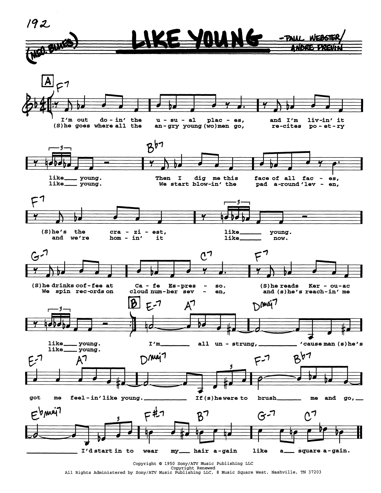Download Andre Previn Like Young (Low Voice) Sheet Music and learn how to play Real Book – Melody, Lyrics & Chords PDF digital score in minutes