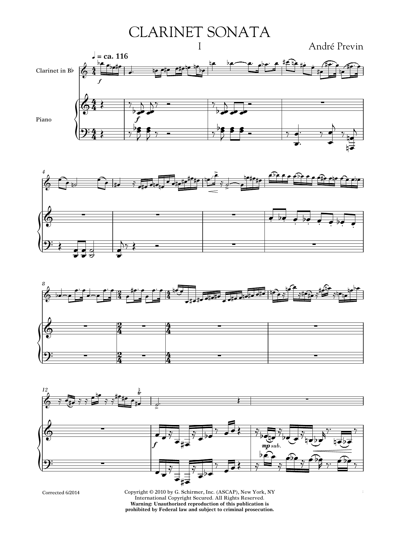 Download Andre Previn Sonata For Clarinet And Piano Sheet Music and learn how to play Chamber Group PDF digital score in minutes