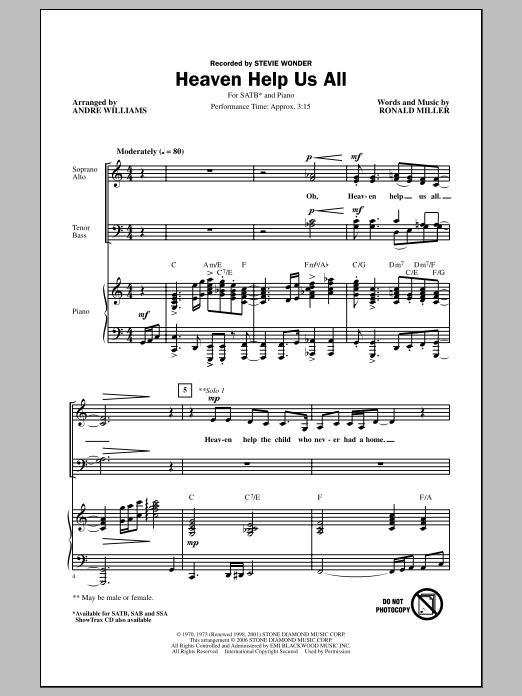 Download Stevie Wonder Heaven Help Us All (arr. Andre Williams) Sheet Music and learn how to play SATB PDF digital score in minutes