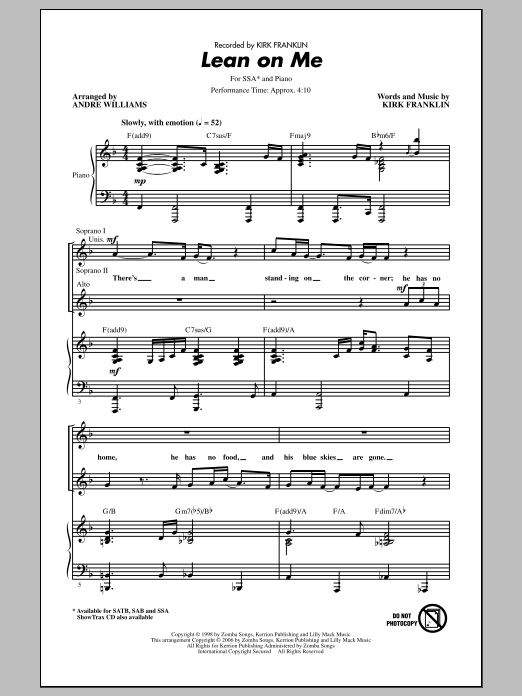 Download Kirk Franklin Lean On Me (arr. Andre Williams) Sheet Music and learn how to play SSA PDF digital score in minutes