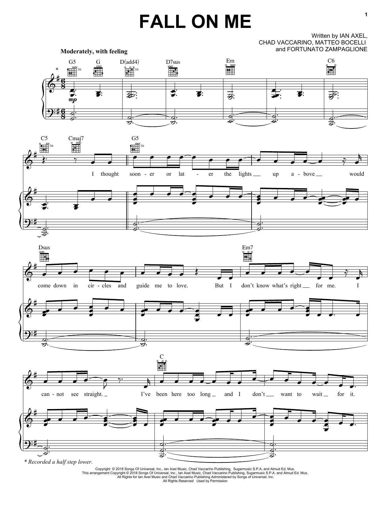 Download Andrea Bocelli & Matteo Bocelli Fall On Me (from The Nutcracker and the Four Realms) Sheet Music and learn how to play Piano, Vocal & Guitar Chords (Right-Hand Melody) PDF digital score in minutes