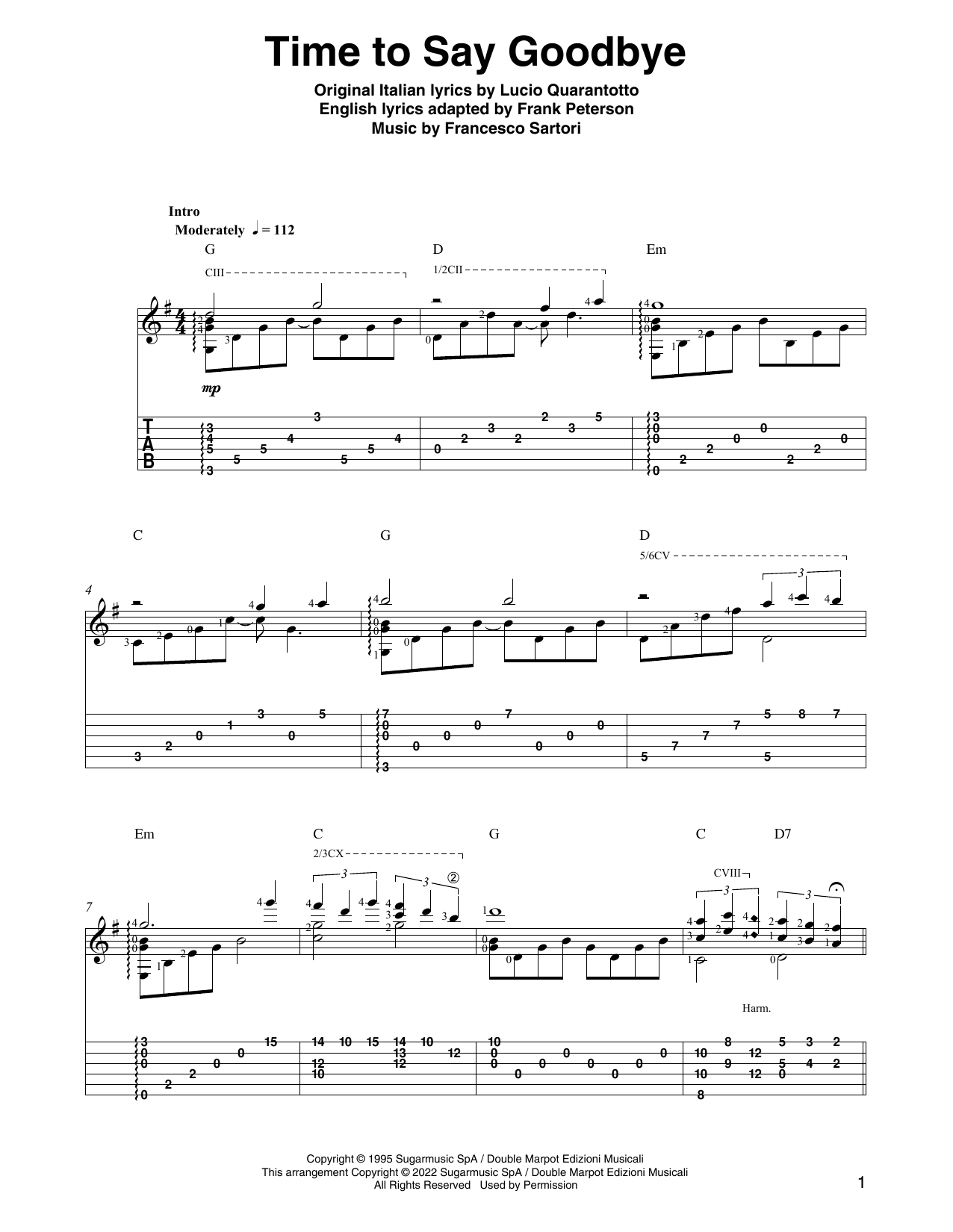 Download Andrea Bocelli & Sarah Brightman Time To Say Goodbye (arr. Ben Pila) Sheet Music and learn how to play Solo Guitar PDF digital score in minutes
