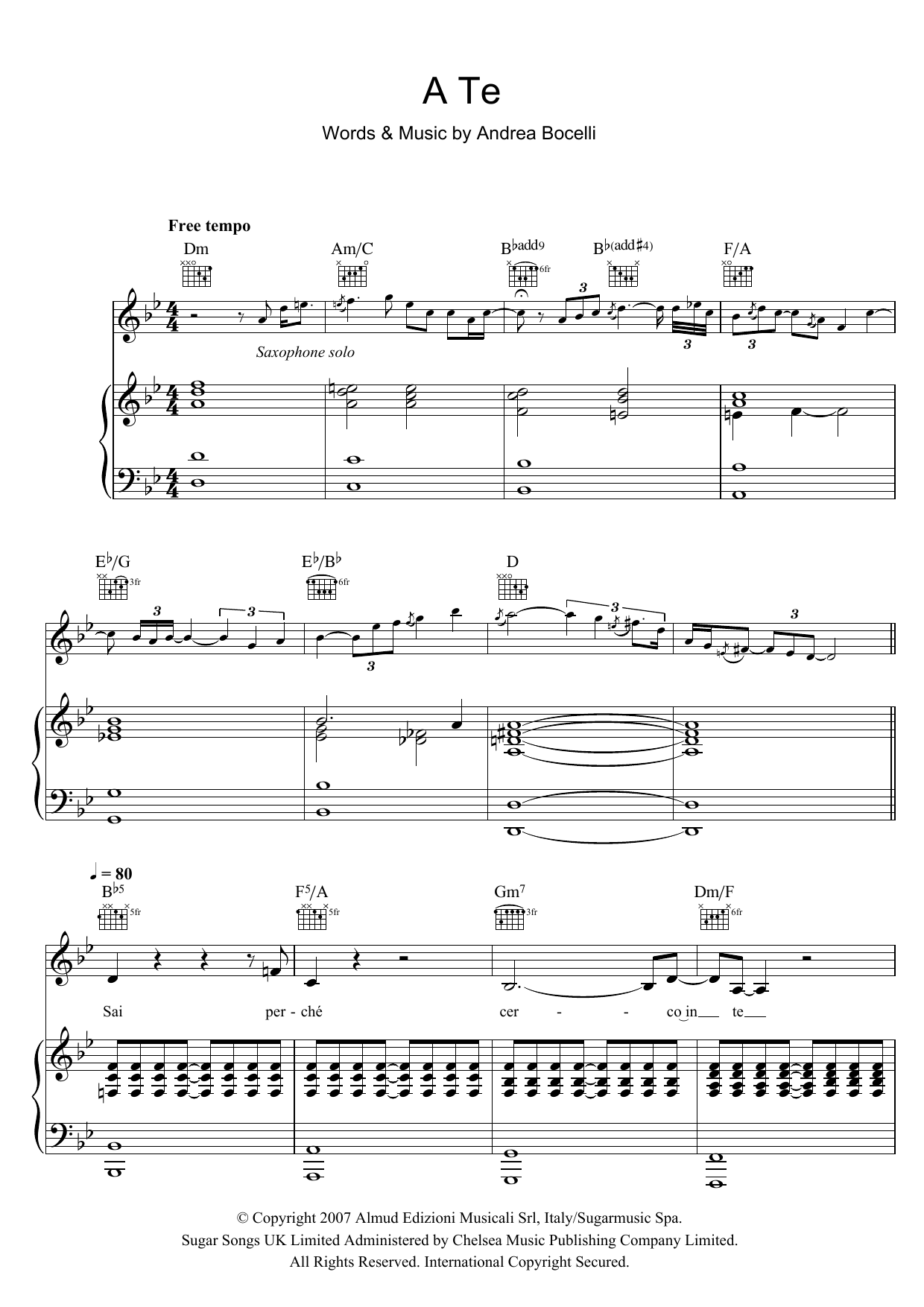 Download Andrea Bocelli A Te Sheet Music and learn how to play Piano, Vocal & Guitar (Right-Hand Melody) PDF digital score in minutes