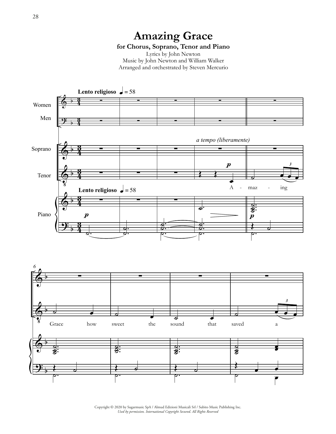 Download Andrea Bocelli Amazing Grace (arr. Steven Mercurio) Sheet Music and learn how to play SSATB Choir PDF digital score in minutes