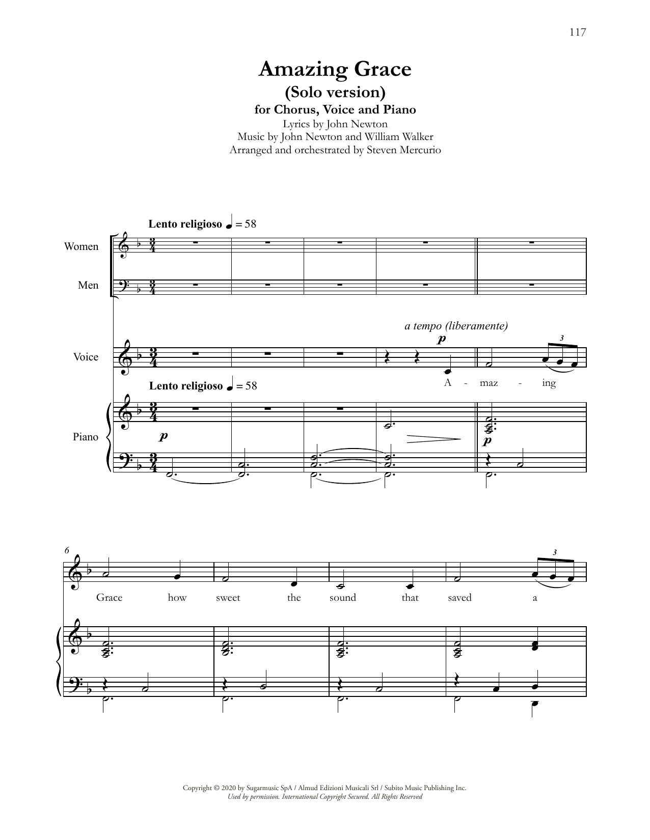 Download Andrea Bocelli Amazing Grace (Solo version) (arr. Steven Mercurio) Sheet Music and learn how to play SSATB Choir PDF digital score in minutes