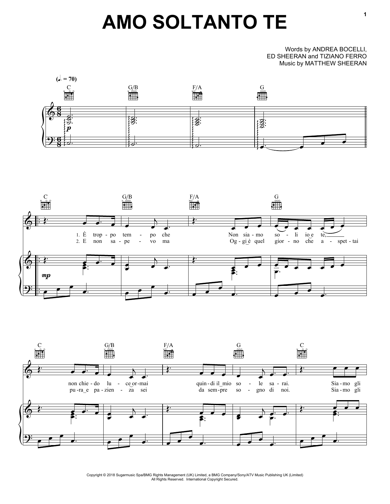 Download Andrea Bocelli Amo soltanto te (feat. Ed Sheeran) Sheet Music and learn how to play Piano, Vocal & Guitar Chords (Right-Hand Melody) PDF digital score in minutes