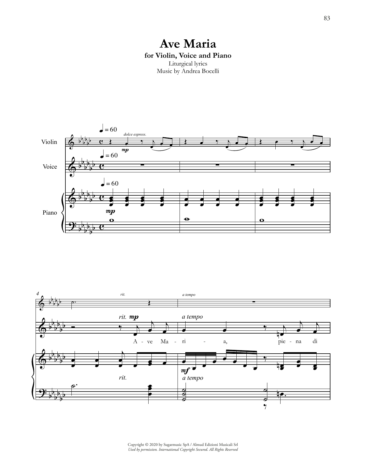 Download Andrea Bocelli Ave Maria (with Violin) Sheet Music and learn how to play Piano & Vocal PDF digital score in minutes