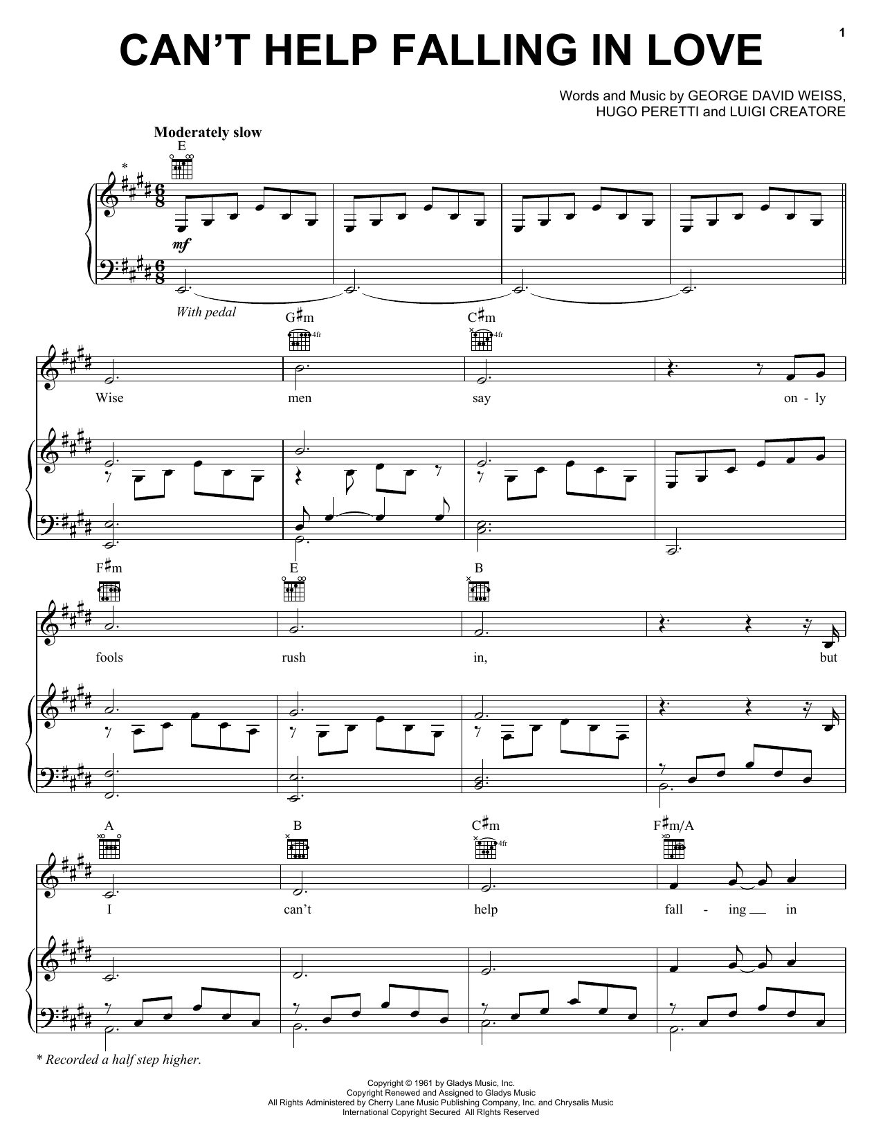 Download Andrea Bocelli Can't Help Falling In Love Sheet Music and learn how to play Piano, Vocal & Guitar (Right-Hand Melody) PDF digital score in minutes