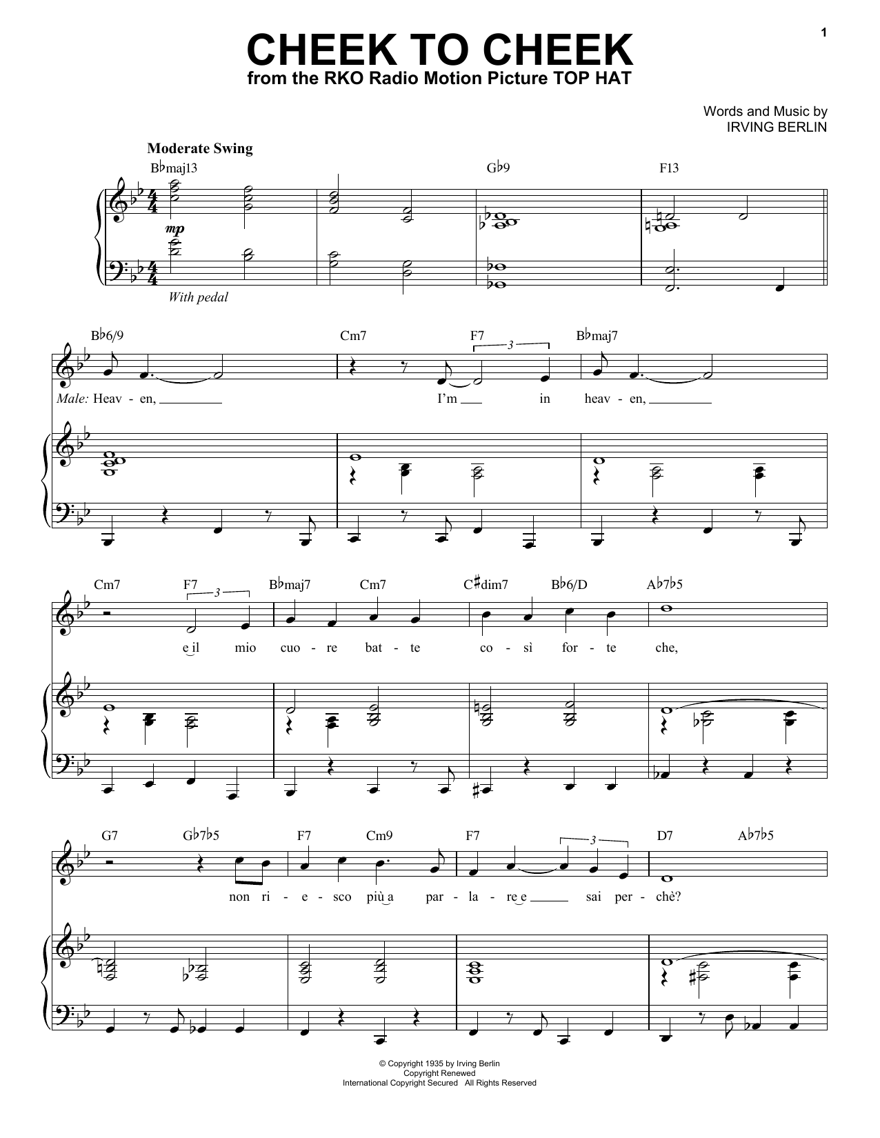 Download Andrea Bocelli Cheek To Cheek Sheet Music and learn how to play Piano & Vocal PDF digital score in minutes