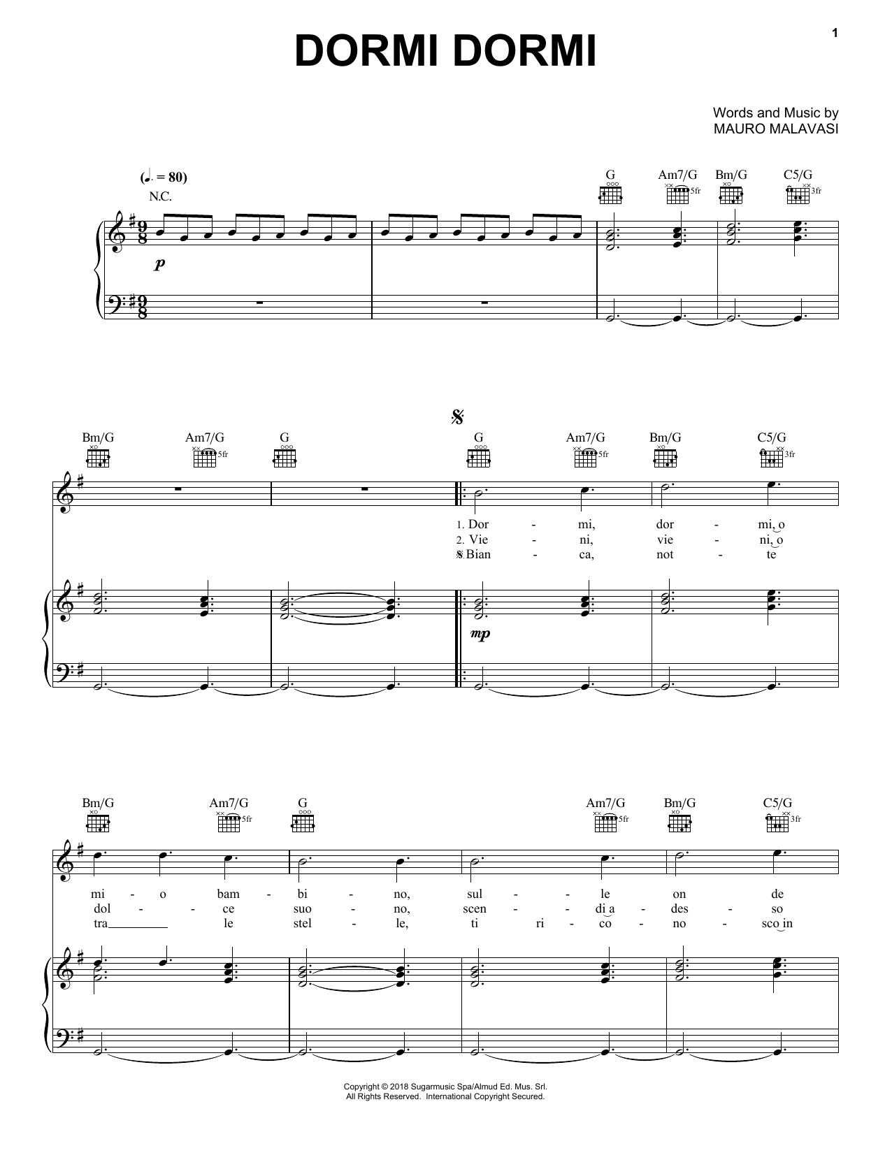 Download Andrea Bocelli Dormi Dormi Sheet Music and learn how to play Piano, Vocal & Guitar Chords (Right-Hand Melody) PDF digital score in minutes