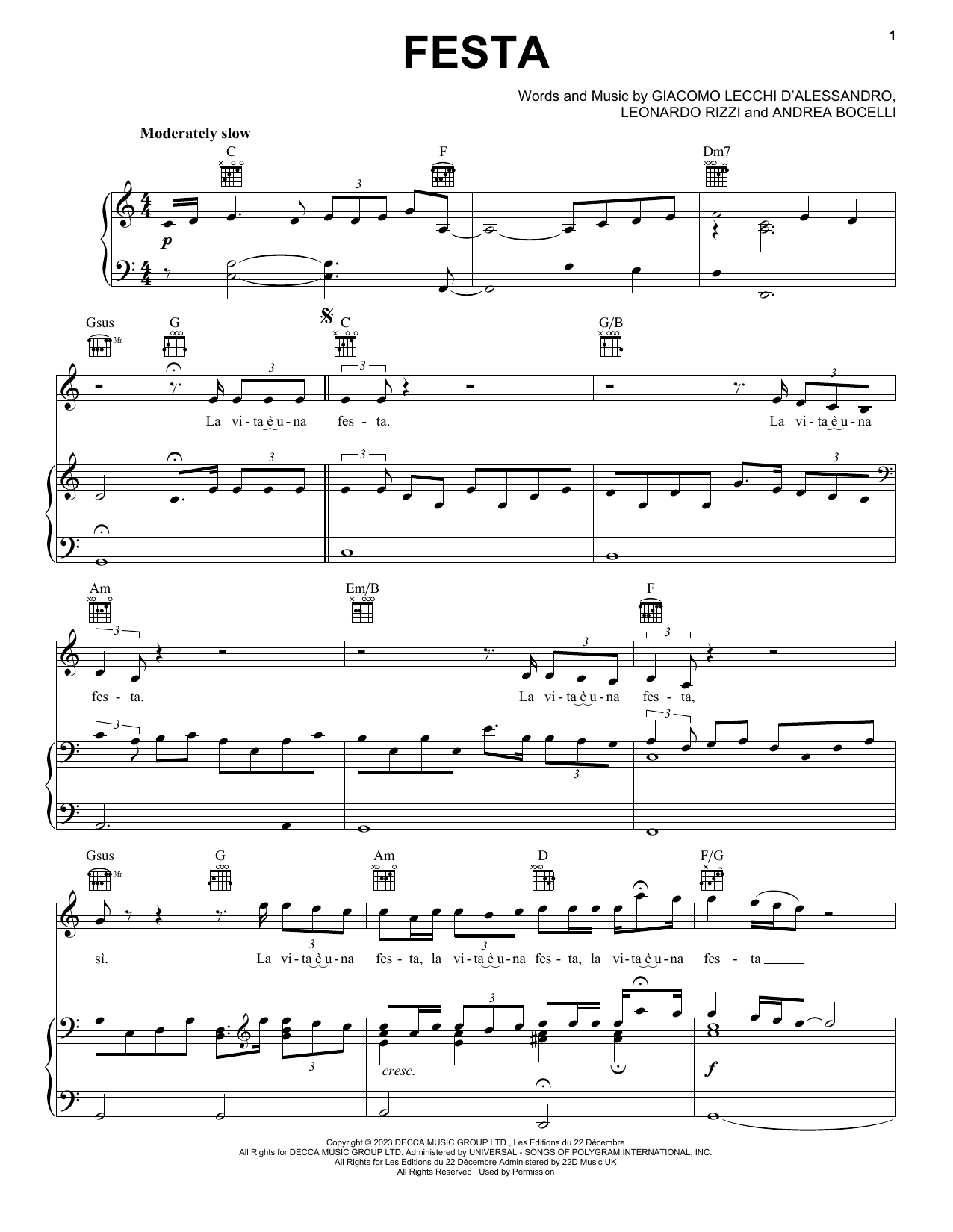 Download Andrea Bocelli Festa (John Lewis 2023) Sheet Music and learn how to play Piano, Vocal & Guitar Chords (Right-Hand Melody) PDF digital score in minutes