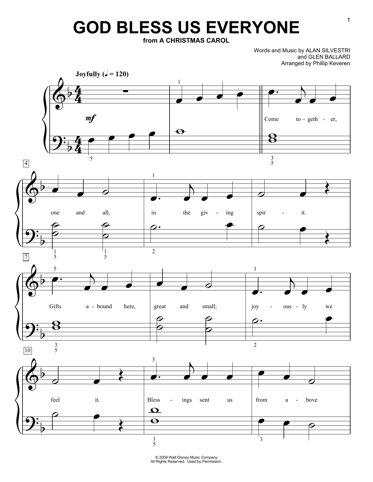 Download Andrea Bocelli God Bless Us Everyone (from A Christmas Carol) (arr. Phillip Keveren) Sheet Music and learn how to play Big Note Piano PDF digital score in minutes