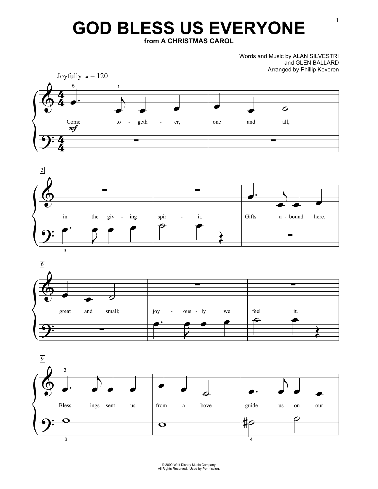 Download Andrea Bocelli God Bless Us Everyone (from Disney's A Christmas Carol) (arr. Phillip Keveren) Sheet Music and learn how to play Big Note Piano PDF digital score in minutes