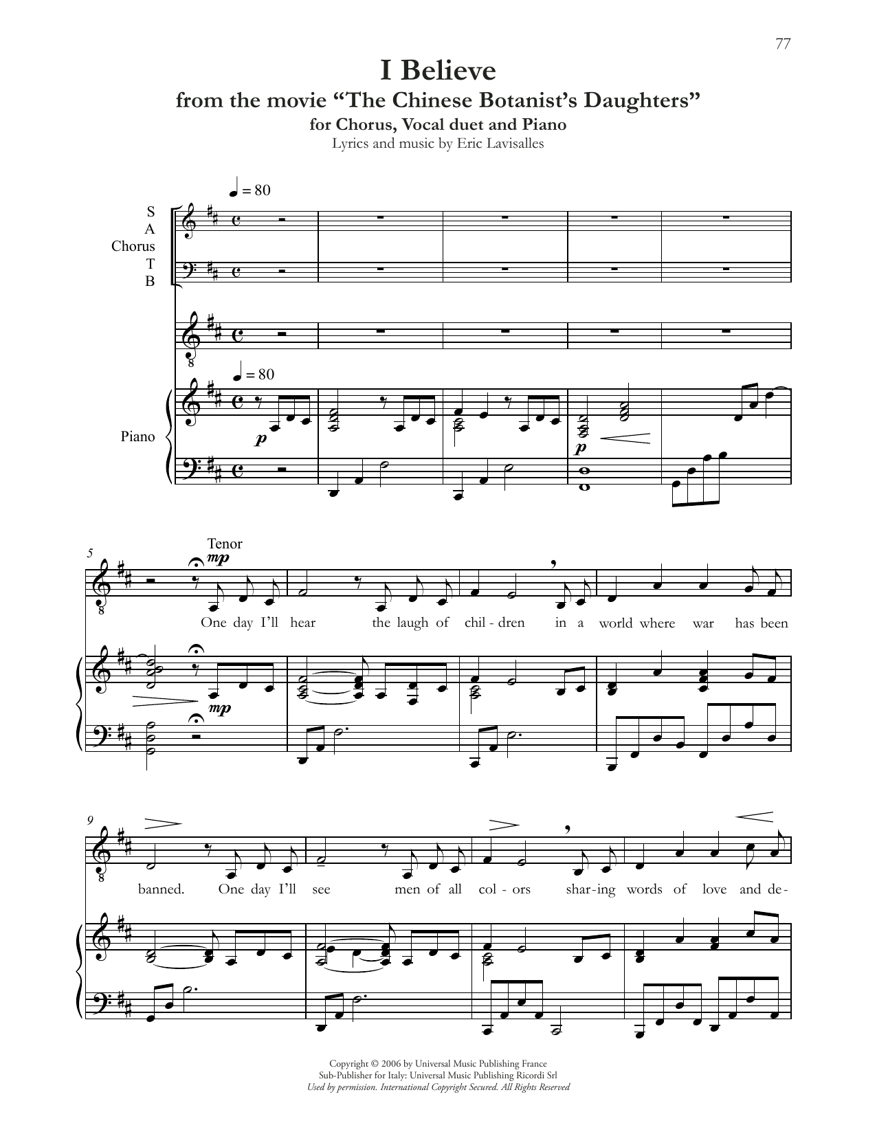 Download Andrea Bocelli I Believe (from The Chinese Botanist's Daughters) Sheet Music and learn how to play SATB Choir PDF digital score in minutes