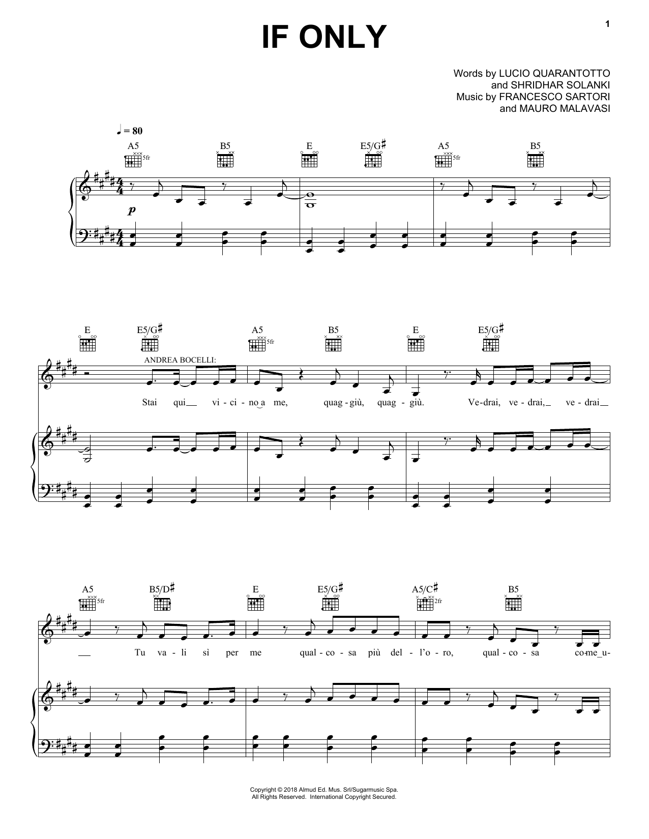 Download Andrea Bocelli If Only (feat. Dua Lipa) Sheet Music and learn how to play Piano, Vocal & Guitar Chords (Right-Hand Melody) PDF digital score in minutes