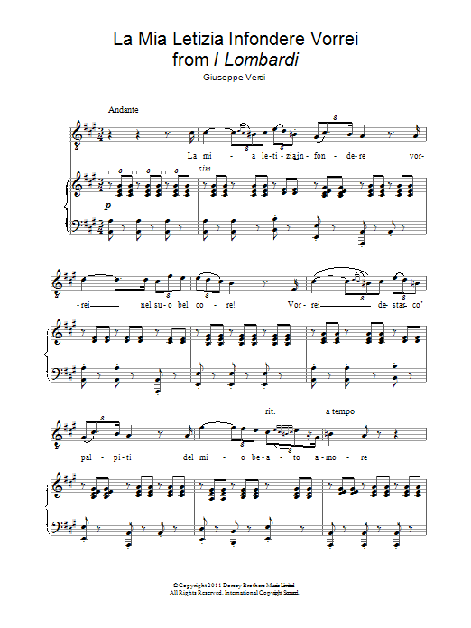 Download Andrea Bocelli La Mia Letizia Infondere Vorrei (from I Lombardi) Sheet Music and learn how to play Piano & Vocal PDF digital score in minutes