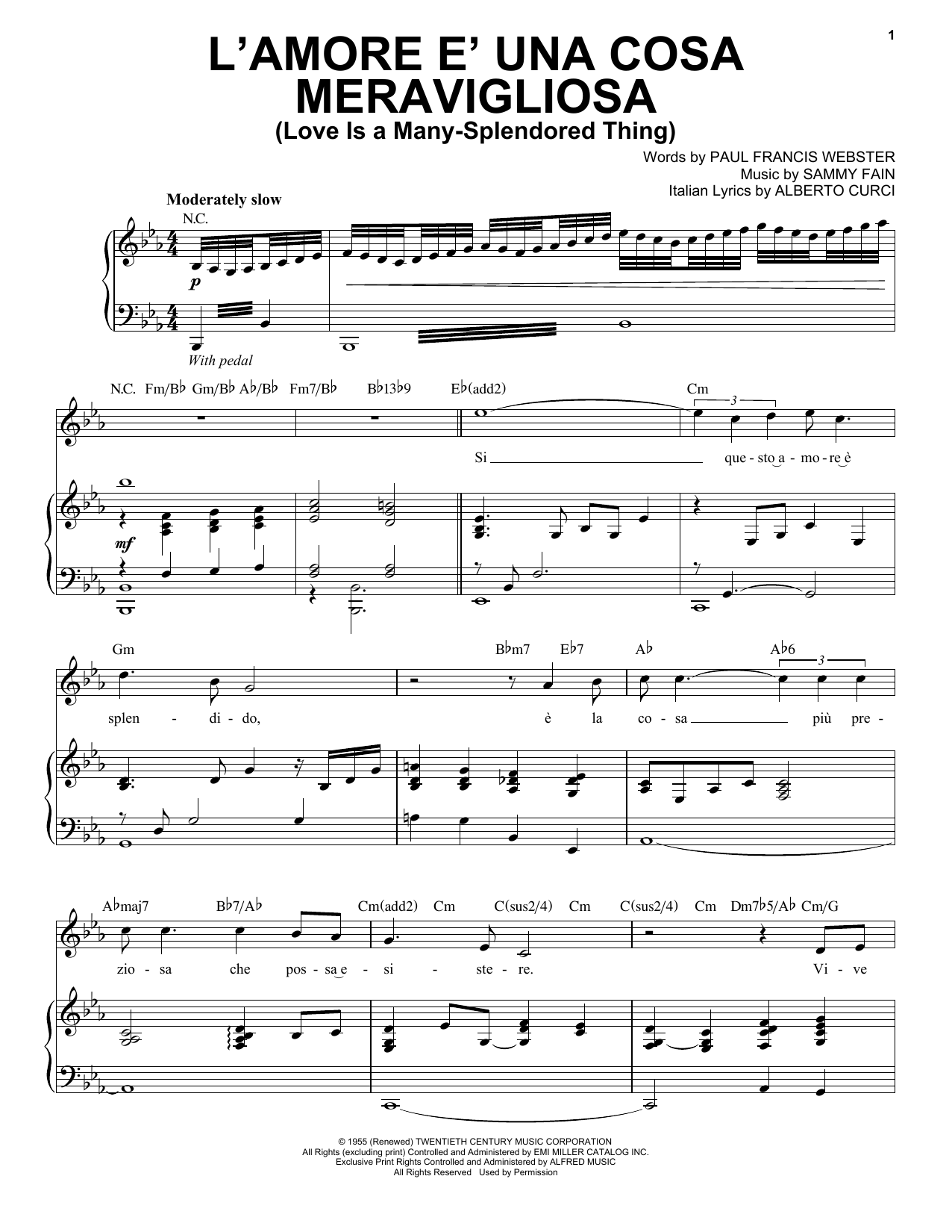 Download Andrea Bocelli L'Amore E Una Cosa Mervavigliosa (Love Is A Many-Splendored Thing) Sheet Music and learn how to play Piano & Vocal PDF digital score in minutes
