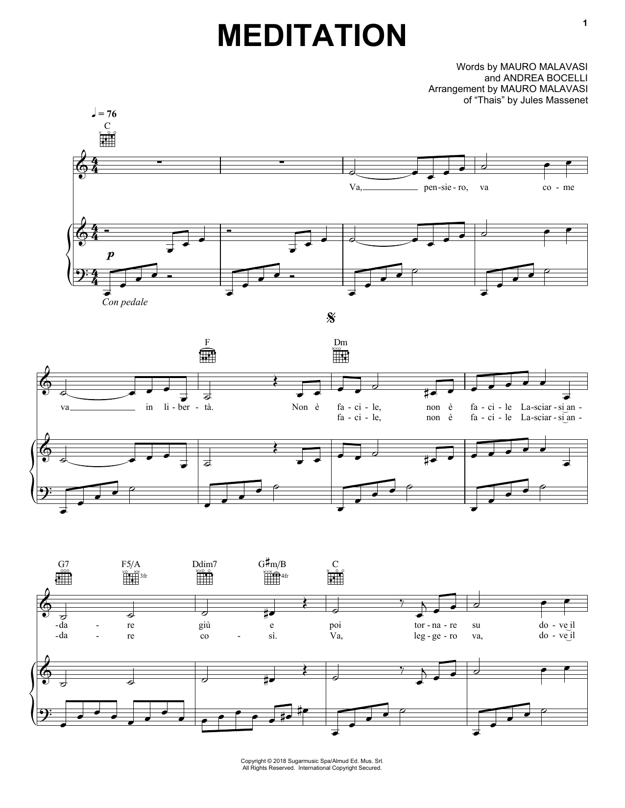 Download Andrea Bocelli Meditation Sheet Music and learn how to play Piano, Vocal & Guitar Chords (Right-Hand Melody) PDF digital score in minutes