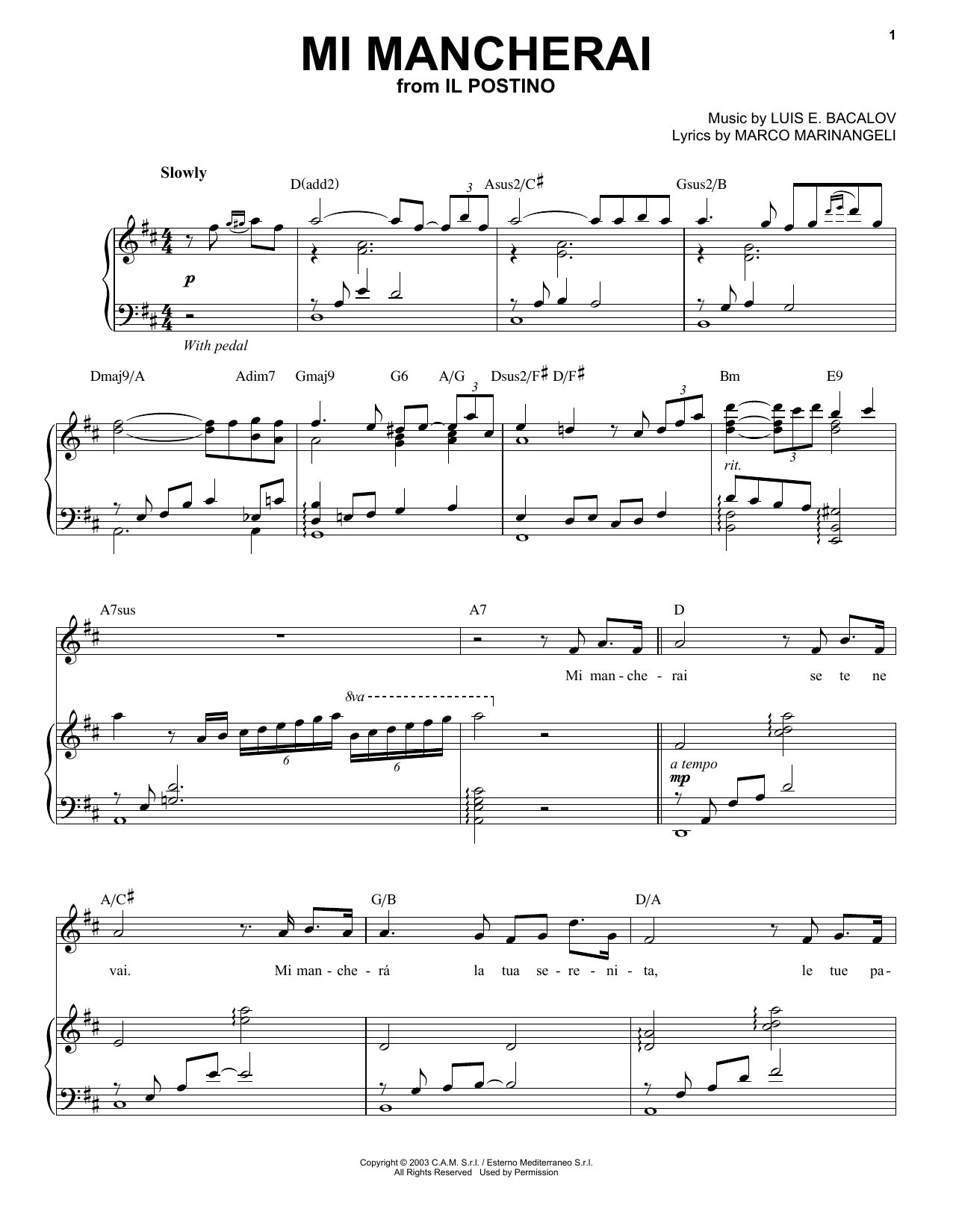 Download Andrea Bocelli Mi Mancherai Sheet Music and learn how to play Piano & Vocal PDF digital score in minutes