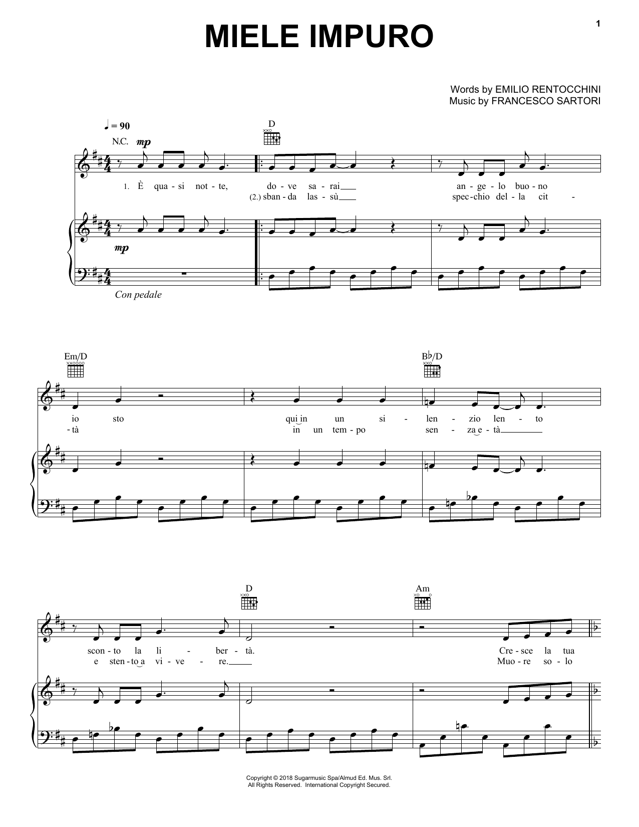 Download Andrea Bocelli Miele Impuro Sheet Music and learn how to play Piano, Vocal & Guitar Chords (Right-Hand Melody) PDF digital score in minutes