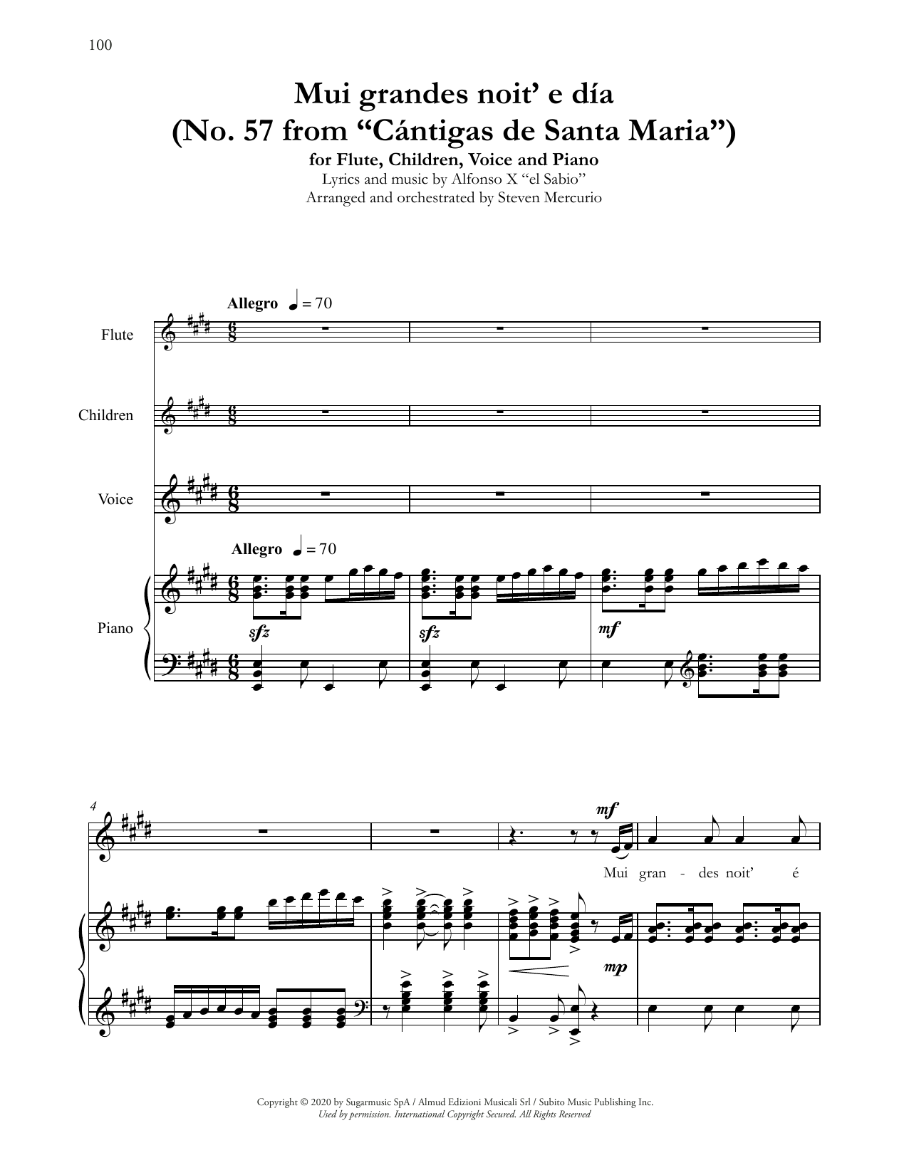 Download Andrea Bocelli Mui grandes noit' e día (No. 57 from Cántigas de Santa Maria) (arr. Steven Mer Sheet Music and learn how to play Piano & Vocal PDF digital score in minutes