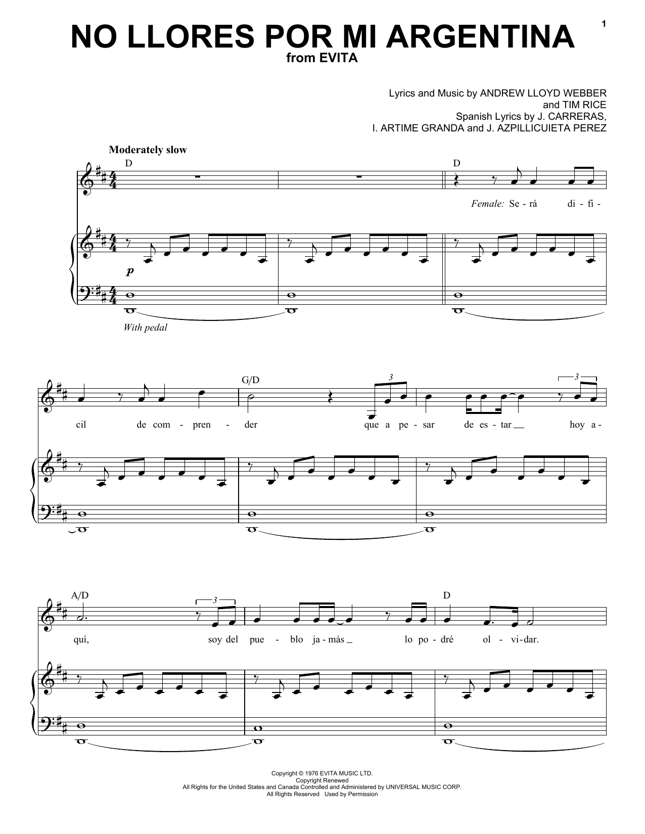 Download Andrea Bocelli No Llores Por Mi Argentia Sheet Music and learn how to play Piano & Vocal PDF digital score in minutes