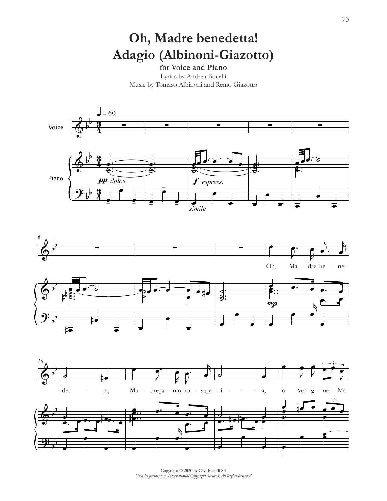 Download Andrea Bocelli Oh, Madre Benedetta! (Adagio Di Albinoni) Sheet Music and learn how to play Piano & Vocal PDF digital score in minutes