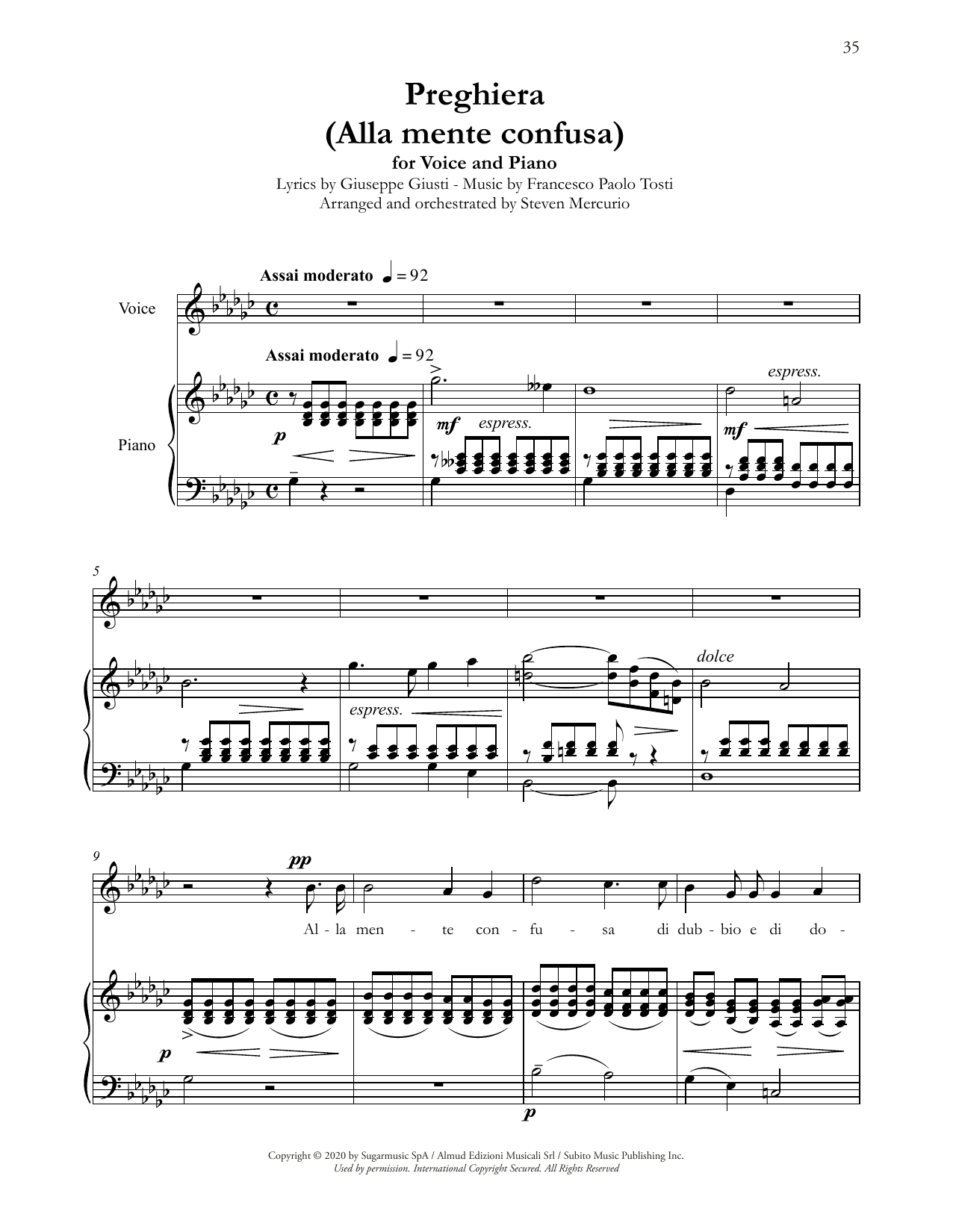 Download Andrea Bocelli Preghiera (Alla mente confusa) (arr. Steven Mercurio) Sheet Music and learn how to play Piano & Vocal PDF digital score in minutes