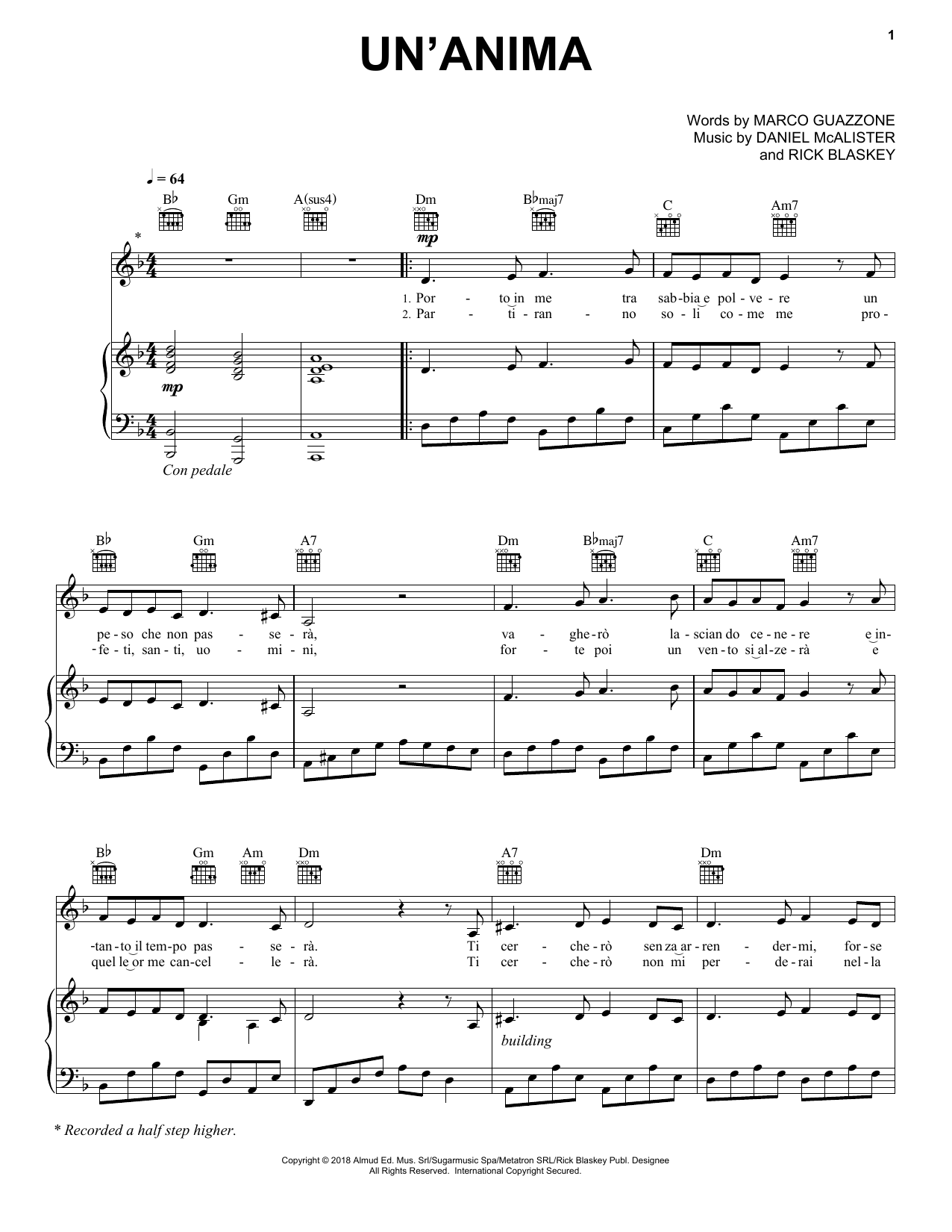 Download Andrea Bocelli Un'anima Sheet Music and learn how to play Piano, Vocal & Guitar Chords (Right-Hand Melody) PDF digital score in minutes
