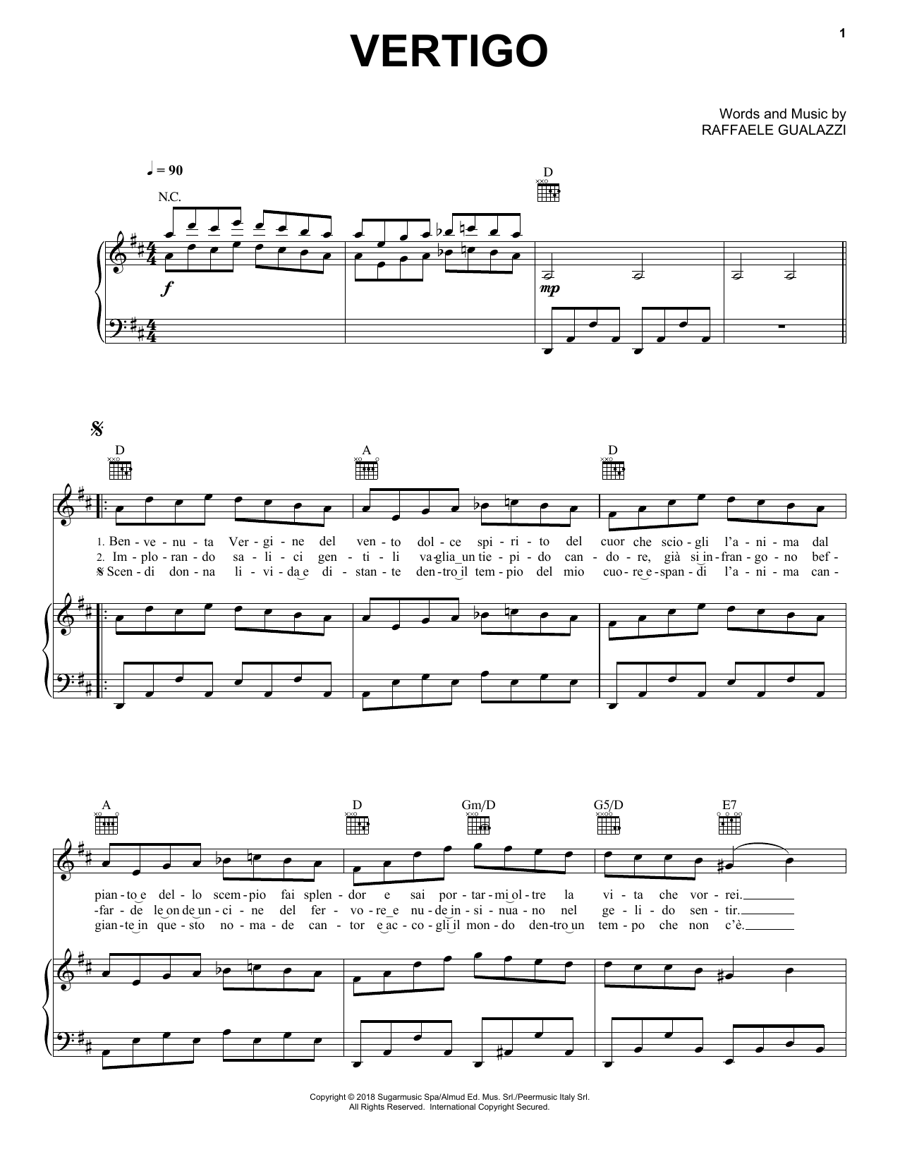 Download Andrea Bocelli Vertigo Sheet Music and learn how to play Piano, Vocal & Guitar Chords (Right-Hand Melody) PDF digital score in minutes