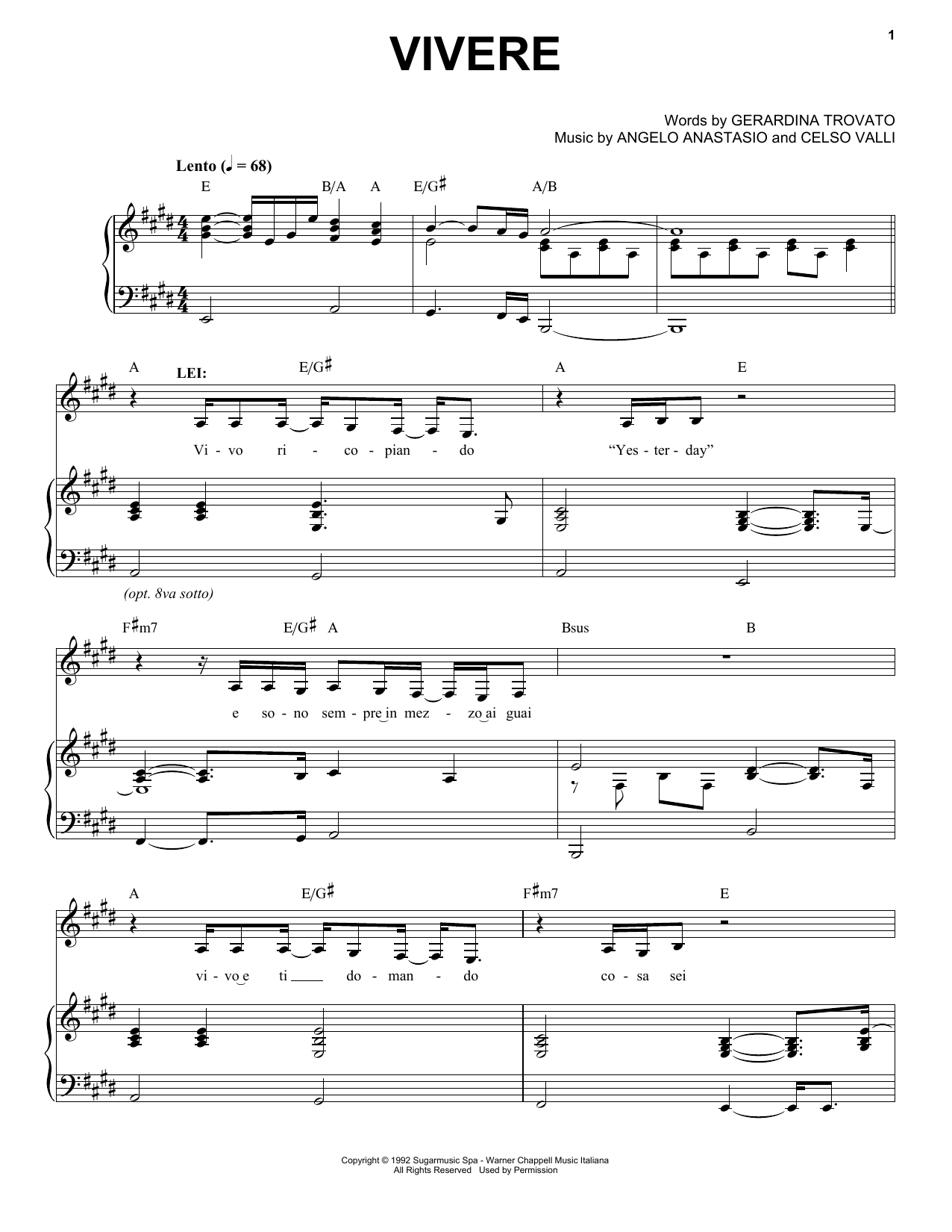 Download Andrea Bocelli Vivere Sheet Music and learn how to play Piano & Vocal PDF digital score in minutes