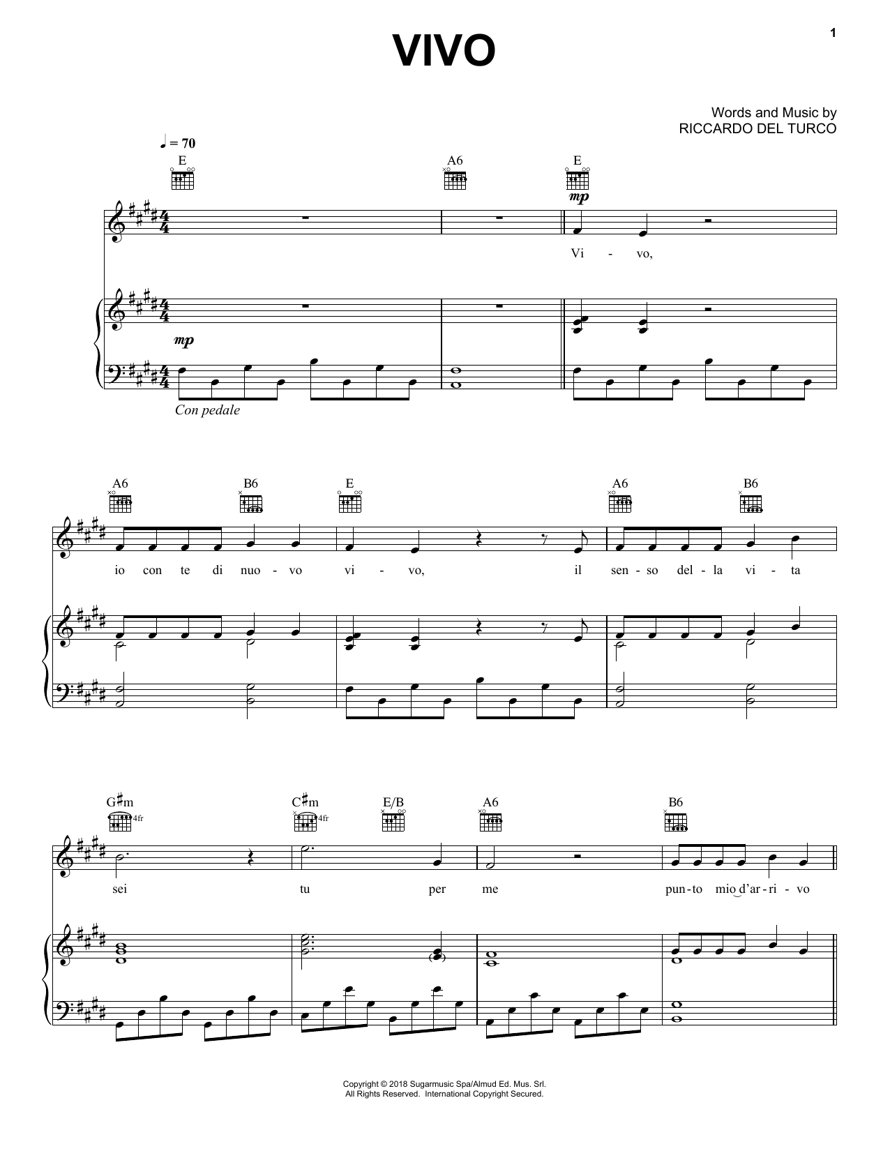Download Andrea Bocelli Vivo Sheet Music and learn how to play Piano, Vocal & Guitar Chords (Right-Hand Melody) PDF digital score in minutes