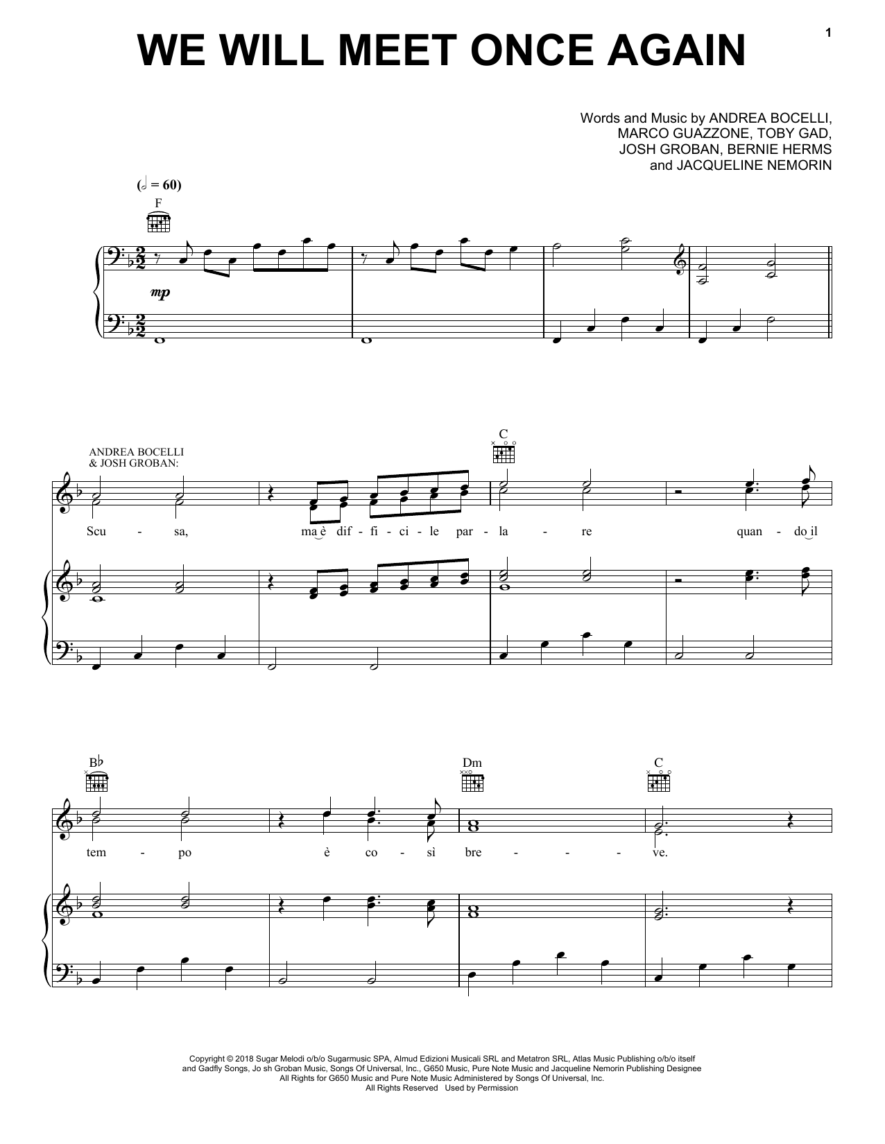 Download Andrea Bocelli We Will Meet Once Again (feat. Josh Groban) Sheet Music and learn how to play Piano, Vocal & Guitar Chords (Right-Hand Melody) PDF digital score in minutes