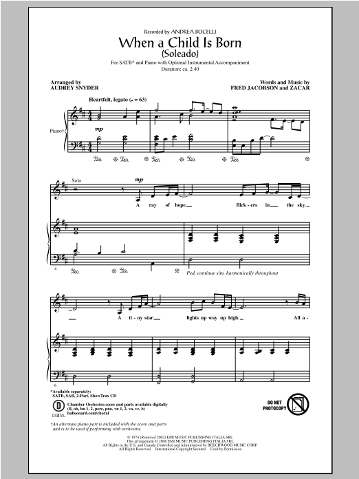 Download Andrea Bocelli When A Child Is Born (Soleado) (arr. Audrey Snyder) Sheet Music and learn how to play 2-Part Choir PDF digital score in minutes