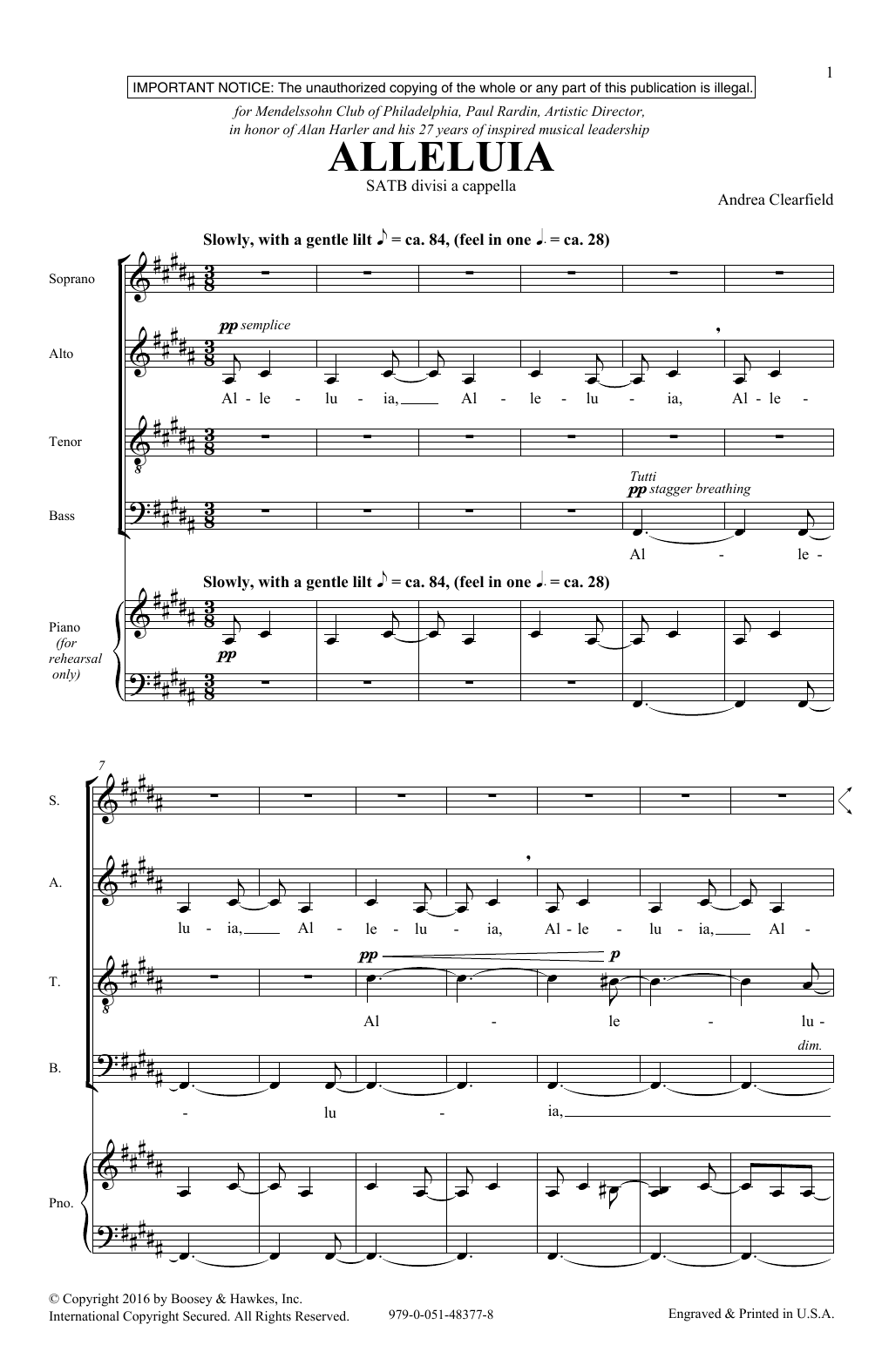 Download Andrea Clearfield Alleluia Sheet Music and learn how to play SATB PDF digital score in minutes