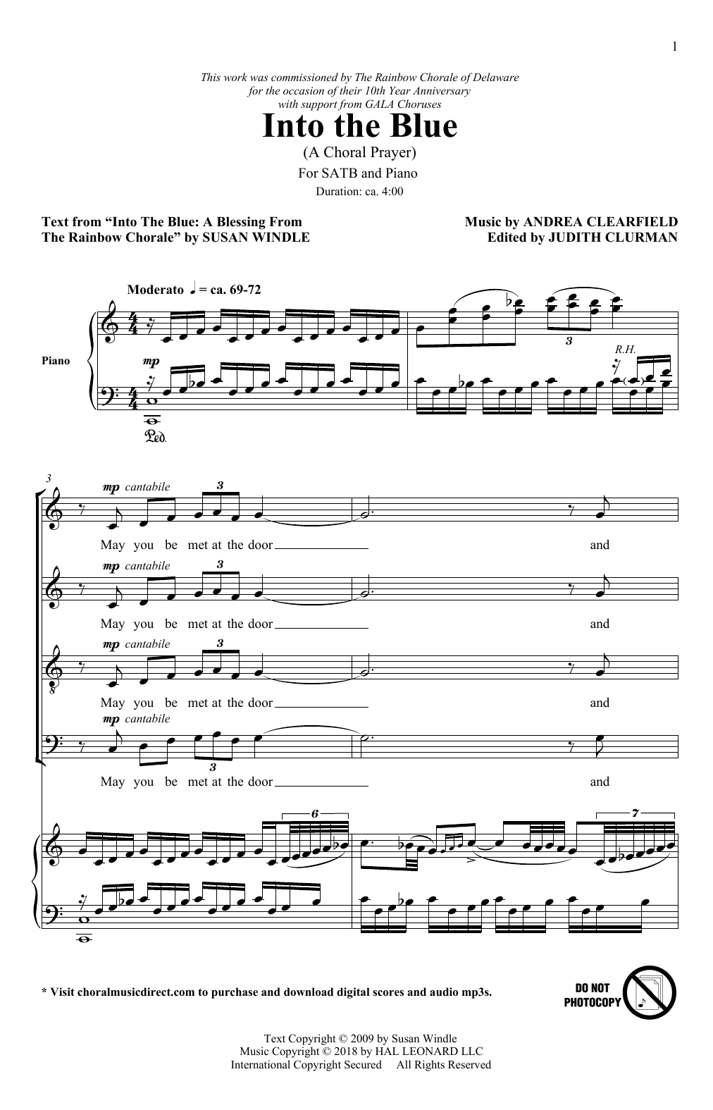Download Andrea Clearfield Into The Blue: A Choral Prayer Sheet Music and learn how to play SATB Choir PDF digital score in minutes