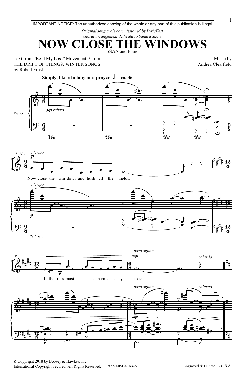 Download Andrea Clearfield Now Close The Windows Sheet Music and learn how to play SSA Choir PDF digital score in minutes