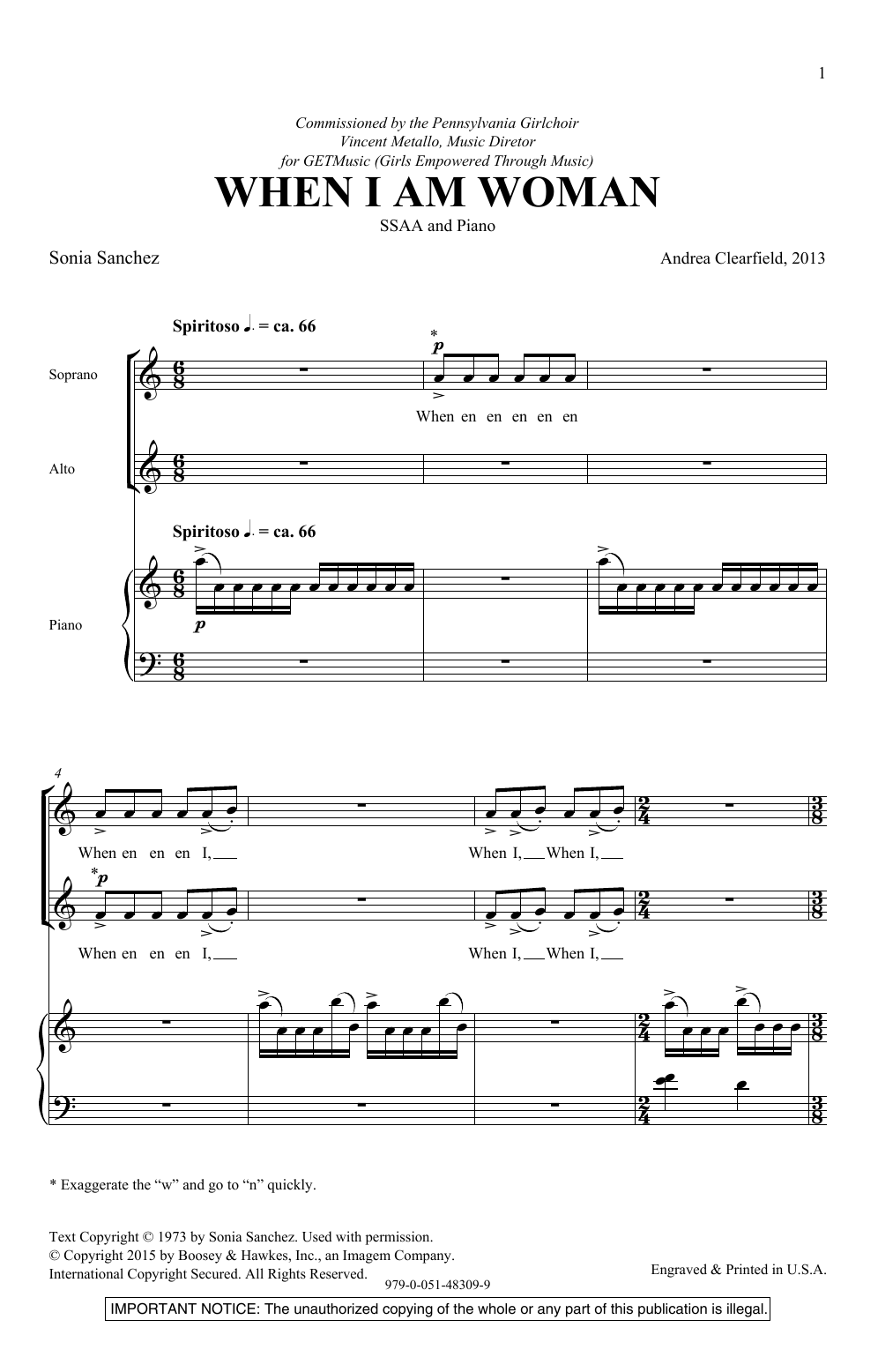 Download Andrea Clearfield When I Am Woman Sheet Music and learn how to play SSA Choir PDF digital score in minutes