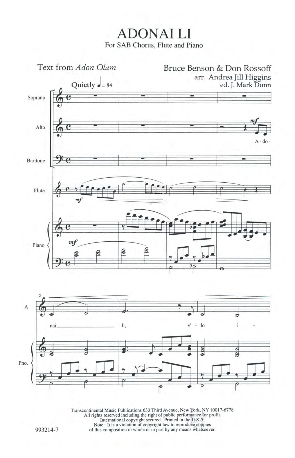 Download Andrea Jill Higgins Adonai Li Sheet Music and learn how to play SAB Choir PDF digital score in minutes