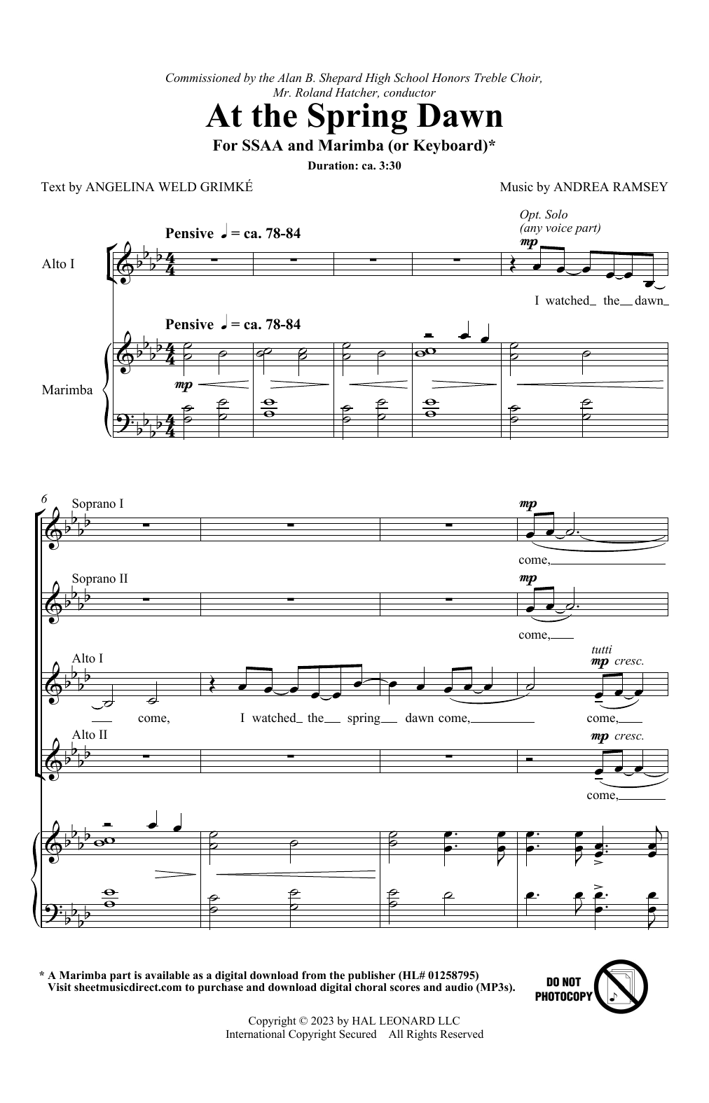 Download Andrea Ramsey At The Spring Dawn Sheet Music and learn how to play SSAA Choir PDF digital score in minutes