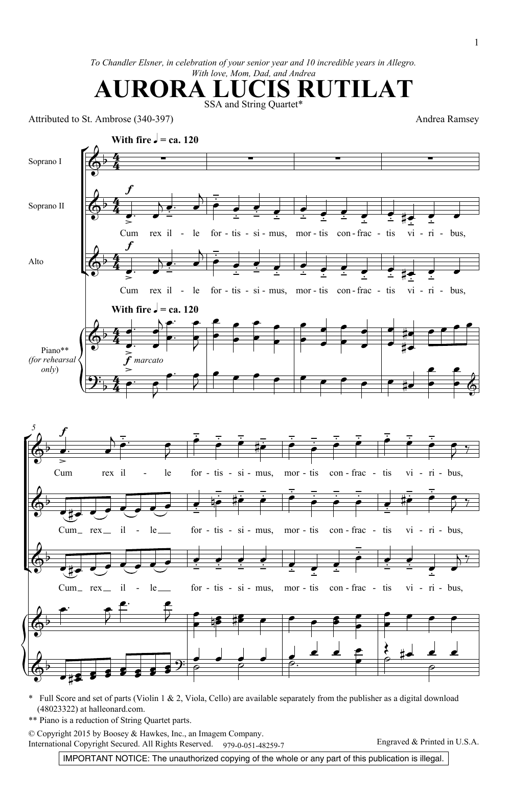 Download Andrea Ramsey Aurora Lucis Rutilat Sheet Music and learn how to play SSA Choir PDF digital score in minutes