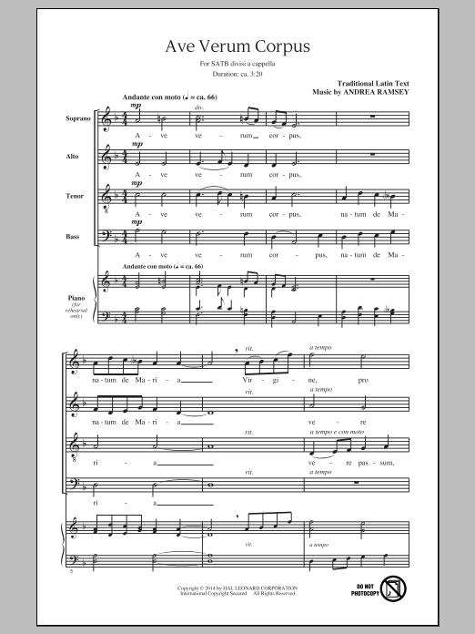 Download Andrea Ramsey Ave Verum Corpus Sheet Music and learn how to play SATB PDF digital score in minutes
