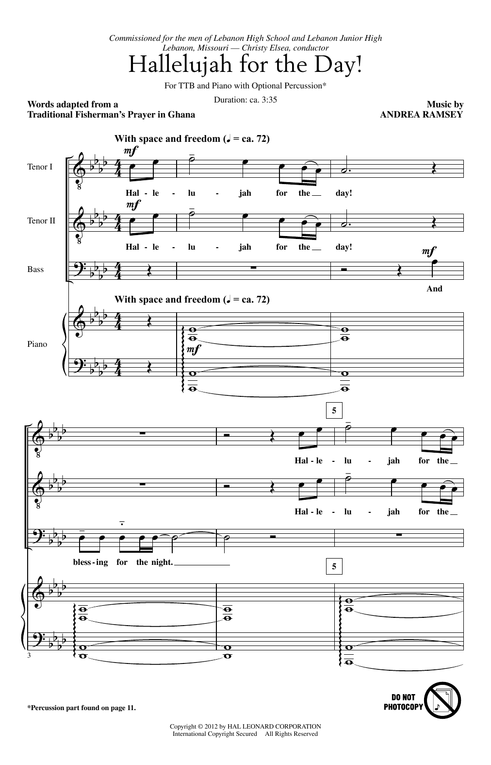 Download Andrea Ramsey Hallelujah For The Day! Sheet Music and learn how to play TTBB PDF digital score in minutes
