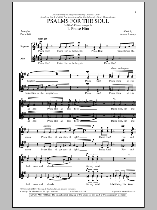 Download Andrea Ramsey Psalms For The Soul Sheet Music and learn how to play SSA PDF digital score in minutes