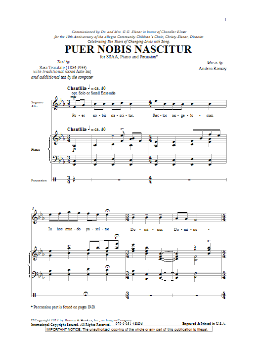 Download Andrea Ramsey Puer Nobis Nascitur Sheet Music and learn how to play SSA PDF digital score in minutes