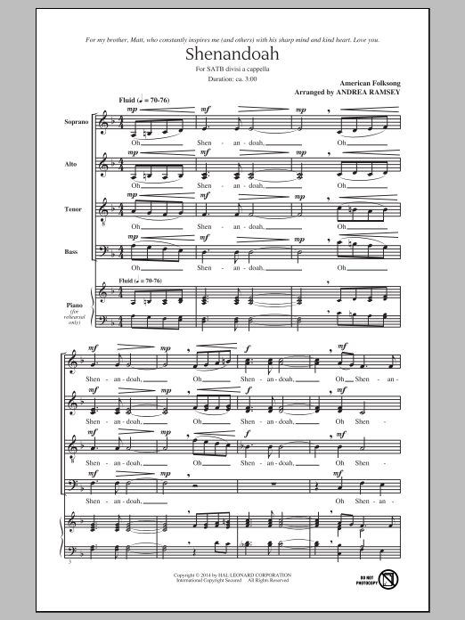 Download Traditional Folksong Shenandoah (arr. Andrea Ramsey) Sheet Music and learn how to play SATB PDF digital score in minutes
