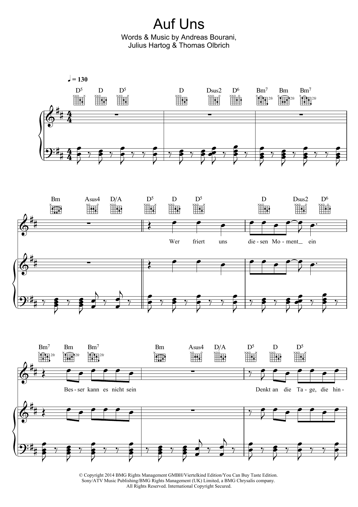 Download Andreas Bourani Auf Uns Sheet Music and learn how to play Piano, Vocal & Guitar (Right-Hand Melody) PDF digital score in minutes