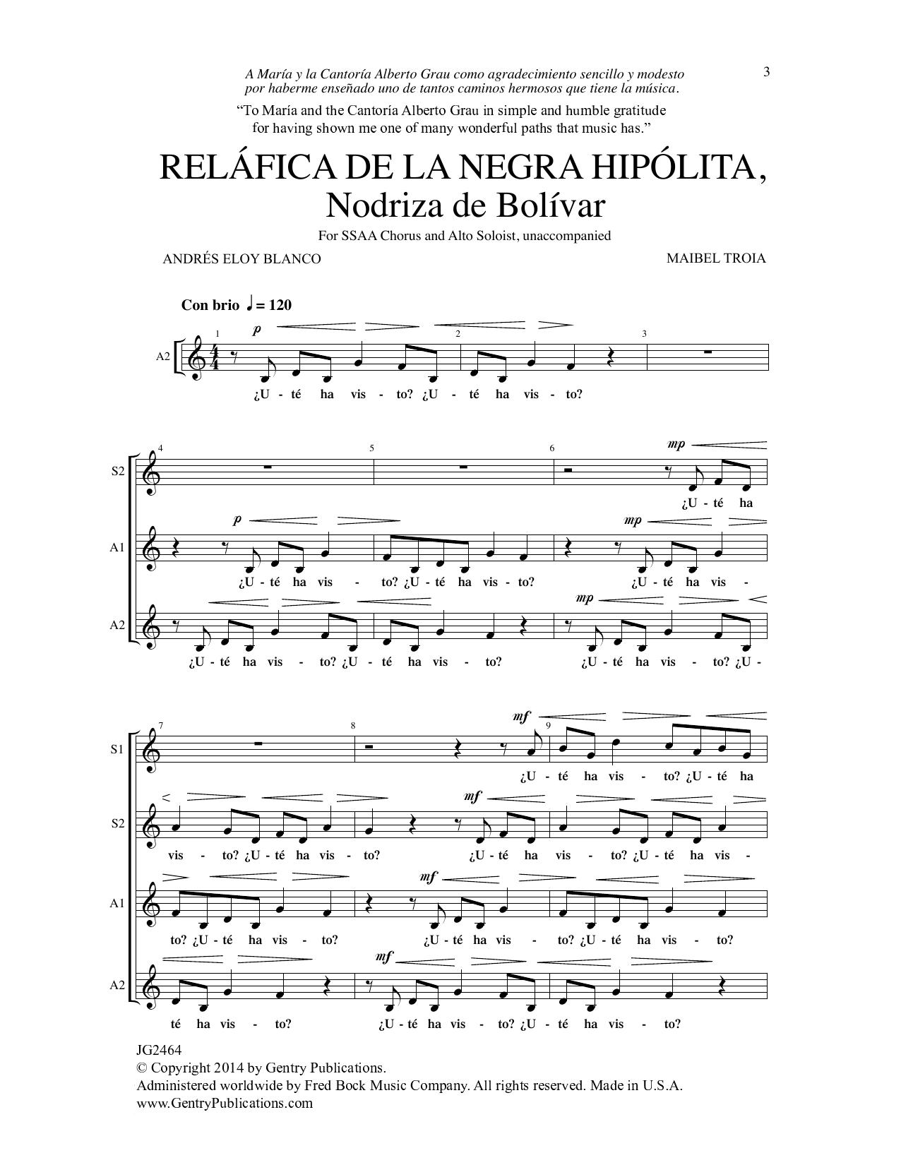 Download Andres Eloy Blanco Relafica De La Negra Hipolita Sheet Music and learn how to play SSAA Choir PDF digital score in minutes