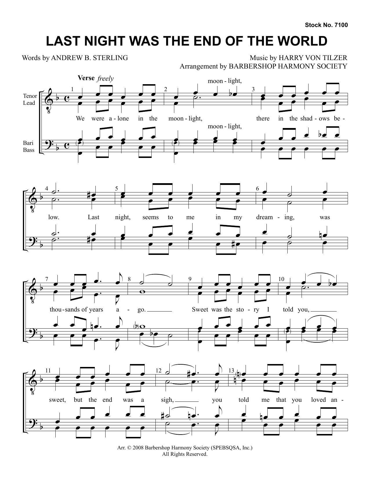 Download Andrew B. Sterling & Harry von Tilzer Last Night Was The End Of The World (arr. Barbershop Harmony Society) Sheet Music and learn how to play SSAA Choir PDF digital score in minutes