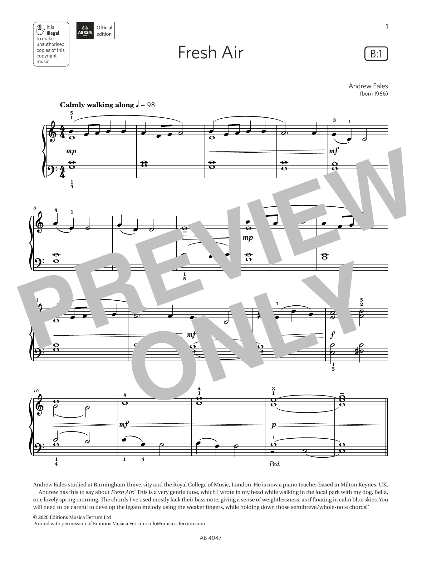 Download Andrew Eales Fresh Air (Grade 1, list B1, from the ABRSM Piano Syllabus 2023 & 2024) Sheet Music and learn how to play Piano Solo PDF digital score in minutes